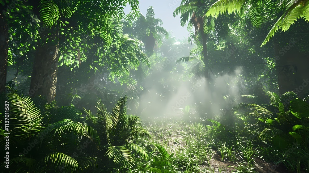 Fototapeta premium Explore the Enchanting Beauty of a Lush Rainforest Filled with Mystical Mist and Vivid Greenery, Perfect for Adventure Lovers and Nature Enthusiasts.
