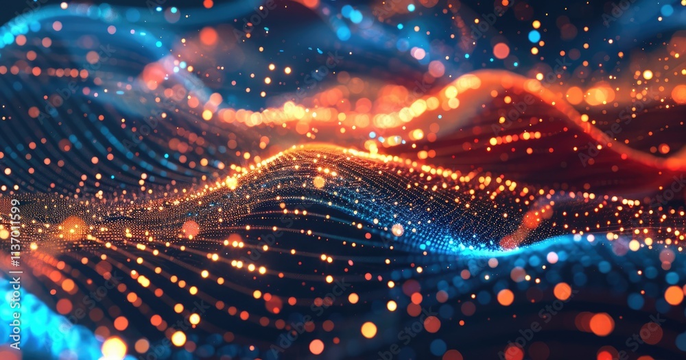 Abstract digital waves with glowing particles in blue and orange hues. Abstract digital waves with glowing particles in blue and orange hues.