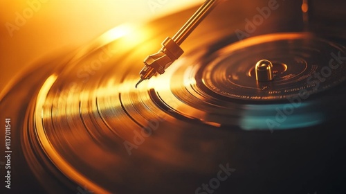 A retro turntable needle rests on a vinyl record, set against a warm, glowing background, creating a sense of nostalgia and vintage appeal. The soft lighting and reflection emphasize the beauty of