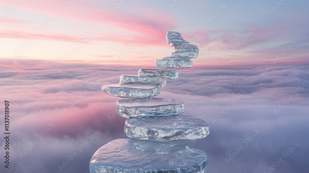 Obraz premium Surreal landscape featuring a staircase made of stone, rising above a sea of clouds at sunset, creating a dreamlike and peaceful atmosphere.