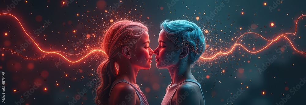 Naklejka premium Futuristic connection between two individuals with vibrant neon energy and particles