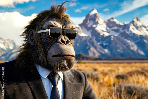 A gorilla wearing a suit and sunglasses in front of a mountain range photo