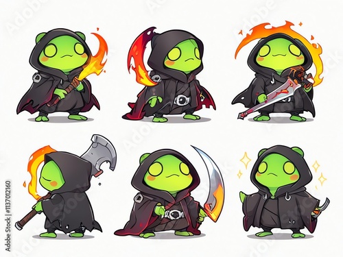 Adorable Froggy Warriors: A Collection of Six Cute and Deadly Amphibian Knights in Dark Robes wielding Fiery Weapons photo