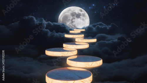 A surreal scene depicting glowing marble steps leading to a full moon, surrounded by softly illuminated clouds in a starry night sky. photo