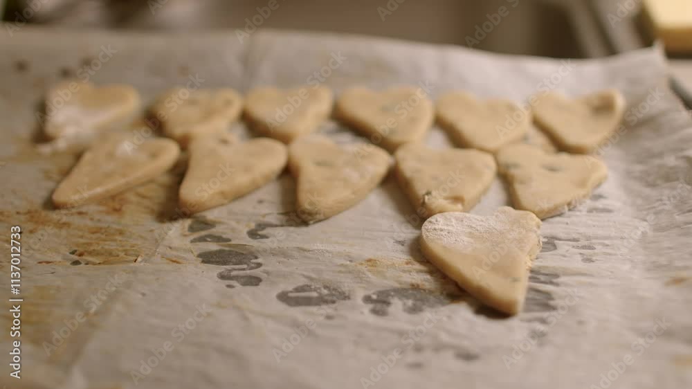 A heartshaped cookie dough is carefully placed onto parchment paper in preparation for baking them A heartshaped cookie dough is carefully placed onto parchment paper in preparation for baking them