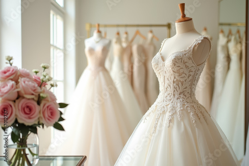 Elegant bridal gown display in sunlit boutique with floral decor photo