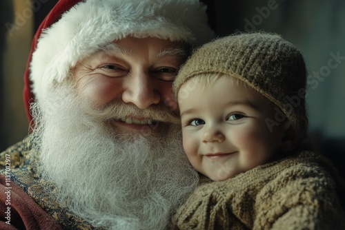 Happy yule, Ñute baby boy beam with santa claus. Christmas marketing conceptual art illustration for print and internet use. Christmas wishes promotions. Festive charm ads. Merry christmas ad. photo