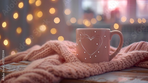 A pastel pink mug with a heart-shaped design, placed on a wooden surface with a cozy blanket and softly glowing fairy lights in the background.