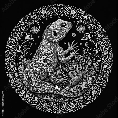 a black and white illustration featuring a detailed and intricate design of a lizard with a baby lizard, surrounded by ornate patterns and floral motifs. The artwork is highly detailed, w photo