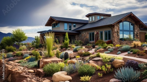 A photo of a home with sustainable landscaping