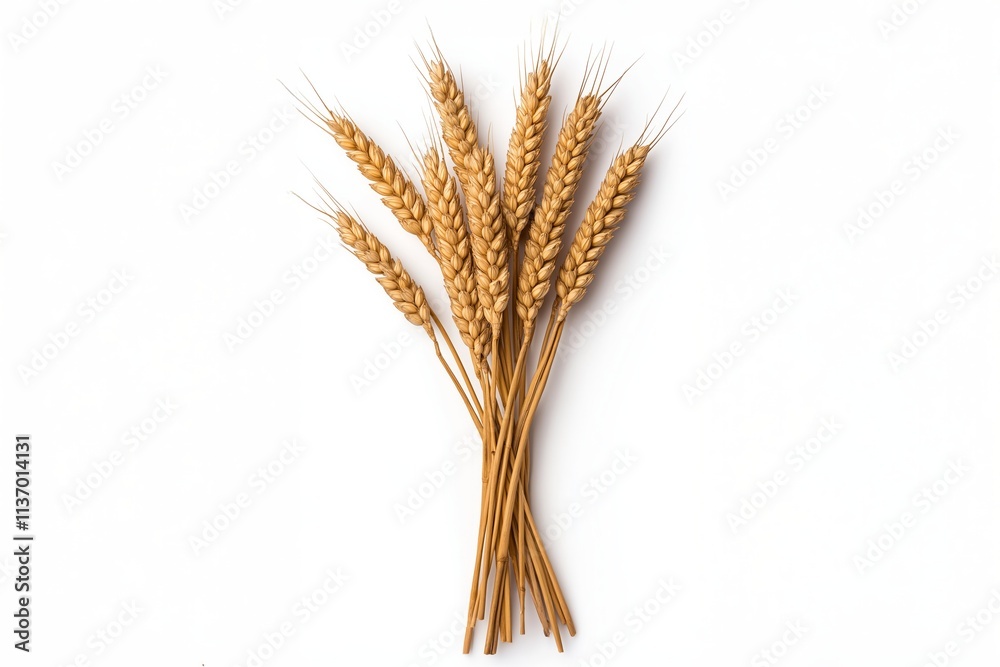 Fototapeta premium Golden wheat stalks arranged on a white background for harvest, agriculture, and organic themes