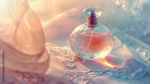 A perfume bottle with a minimalist romantic design, featuring a soft pastel gradient and floral branding, placed on a white, delicate lace cloth with soft lighting. photo