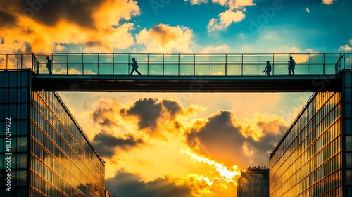 Silhouetted figures walk a skybridge at sunset between buildings