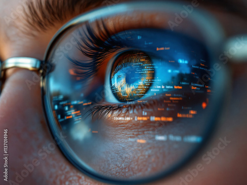 Eye, Glasses, Reflection, Technology, Digital, Screen, Close-up, Iris, Pupil, Eyelashes, Blue, Green, Code, Data, Computer, Monitor, Focus, Detail, Vision, Modern, Cyber, Gaze, High-tech, Glass, Lens,
