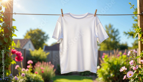 Blank white t-shirt drying in backyard garden on sunny day, summer vibes