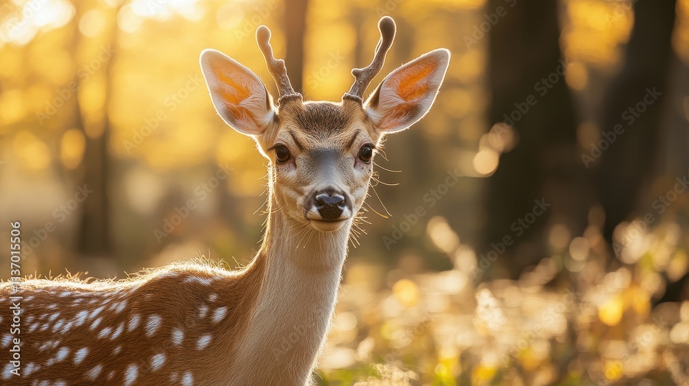 A young deer with newly sprouted antlers stands in a sun-dappled forest. The warm light creates a serene and magical atmosphere. A young deer with newly sprouted antlers stands in a sun-dappled forest. The warm light creates a serene and magical atmosphere.