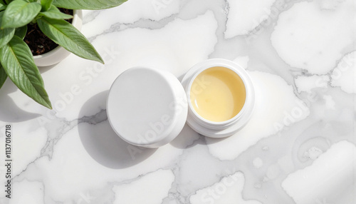 Minimalist lip balm container mockup on marble countertop, clean aesthetics