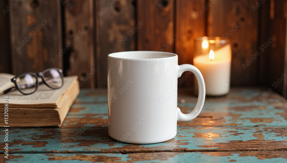Fototapeta premium Cozy reading nook with empty white mug and candle, inviting warmth