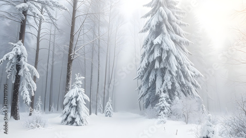 Wallpaper Mural Snowy Winter Forest with Fog and Covered Trees Torontodigital.ca