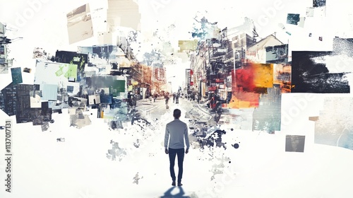 Man Walking into Abstract City Collage - Modern Art, Mixed Media, Urban Photography