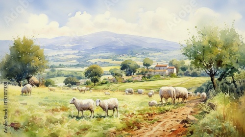 A photo of a pastoral scene watercolor painting