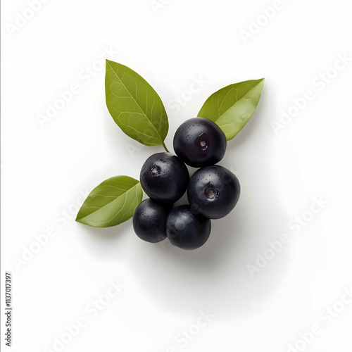 Acai berry displayed in a minimalist elegant style on a clean white background A small cluster of deep purple acai berries with smooth glossy skins each berry sligh photo