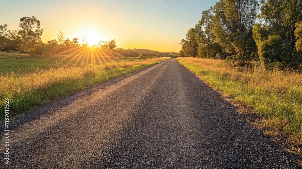 A peaceful country road stretches through open fields as the sun rises in the background, bathing the landscape in golden light. This tranquil morning scene evokes feelings of serenity and fresh A peaceful country road stretches through open fields as the sun rises in the background, bathing the landscape in golden light. This tranquil morning scene evokes feelings of serenity and fresh