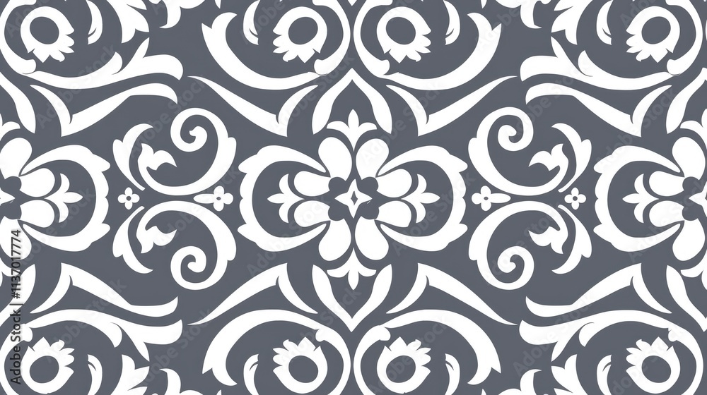 A decorative pattern featuring intricate floral and swirling designs in white and gray. A decorative pattern featuring intricate floral and swirling designs in white and gray.