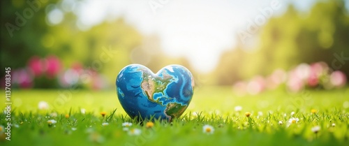 Heart-shaped Earth Globe Symbolizing Love for Planet Against Blurred Nature Background with Copy Space photo