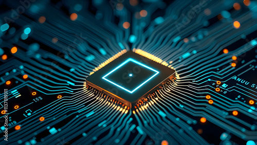 Close-up of an electronic circuit board with chips and components, showcasing technology, hardware, and digital connections in a detailed, industrial design photo