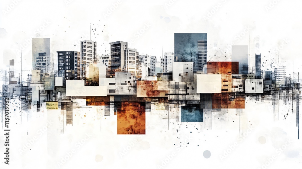 Obraz premium Abstract cityscape with geometric shapes and textured elements. Modern urban architecture in artistic style.