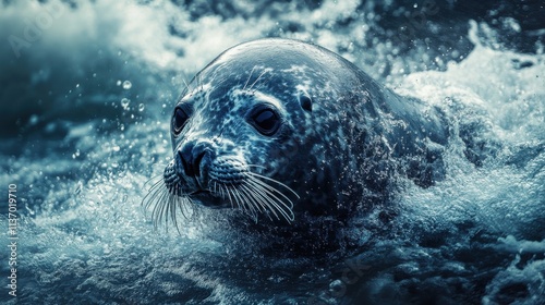 A close-up shot of a seal emerging from the water, its dark fur contrasting with the bright white water droplets. The image is filled with a sense of movement and energy.