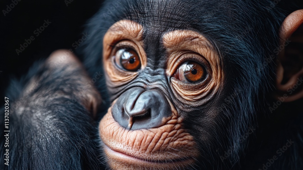 Close-up portrait of a young chimpanzee. Its expressive brown eyes and soft fur are captivating against a dark background. A tender moment captured. Close-up portrait of a young chimpanzee. Its expressive brown eyes and soft fur are captivating against a dark background. A tender moment captured.