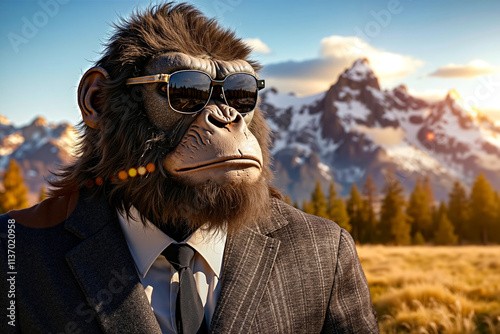 A man in a suit and tie with a gorilla mask on his head photo