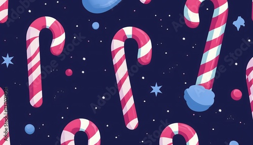 A seamless background of candy canes on a dark blue background