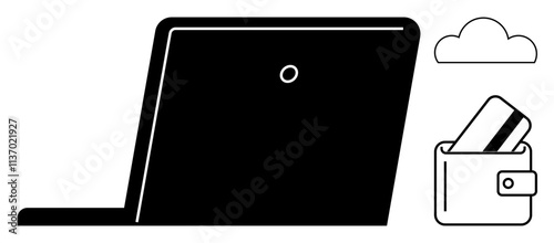 Laptop tilted back, credit card in a wallet, and cloud icon illustrate digital transactions. Ideal for e-commerce, fintech, data security, online payments, cloud computing, banking digital wallets