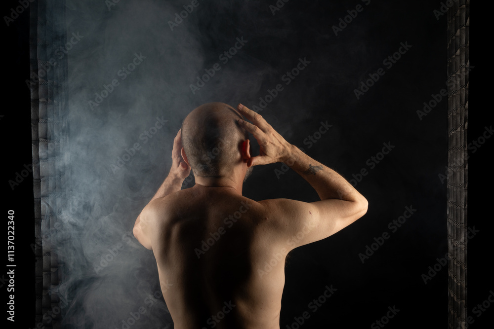 Obraz premium Shirtless, bald man with his back to the camera posing for a photo. Isolated on black background with smoke.