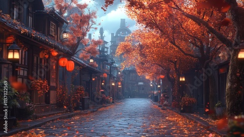 A peaceful cobblestone street adorned with vibrant autumn leaves and lanterns, nestled in a tranquil town. The warm orange tones of fall create a serene, inviting atmosphere perfect for a leisurely