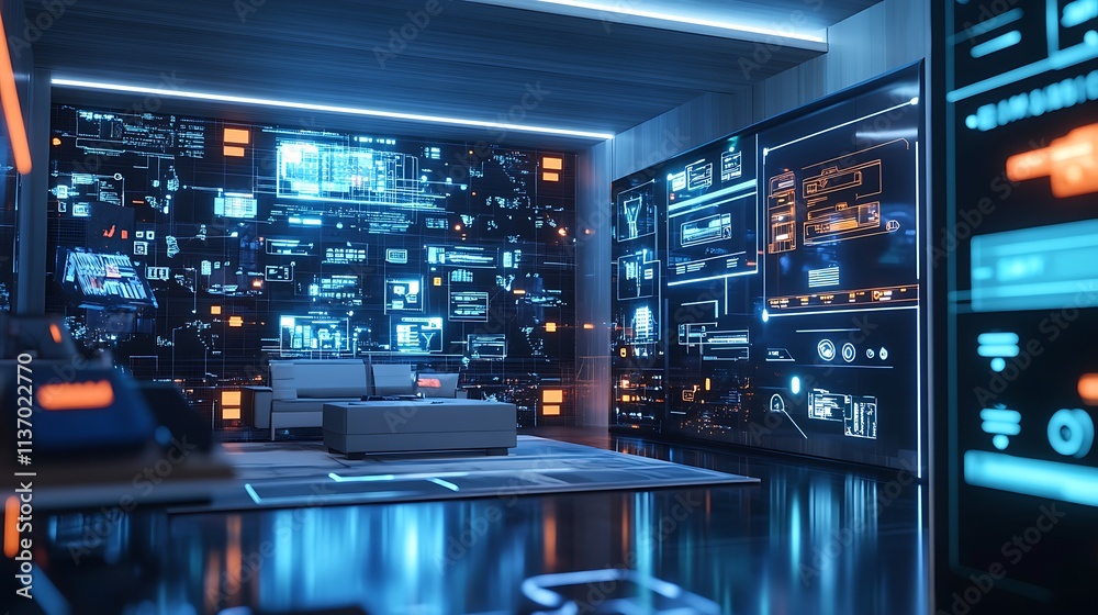 Futuristic Living Room With Holographic Data Displays Futuristic Living Room With Holographic Data Displays
