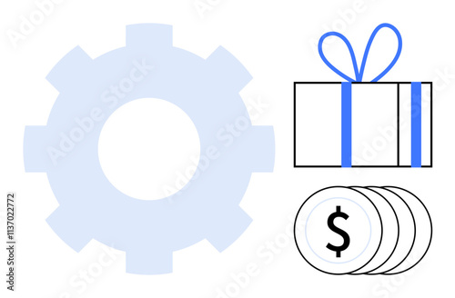 Gear in light blue, gift box with blue ribbon, and stack of dollar coins. Ideal for themes of productivity, rewards, financial growth, process optimization, business strategy, corporate gifts photo