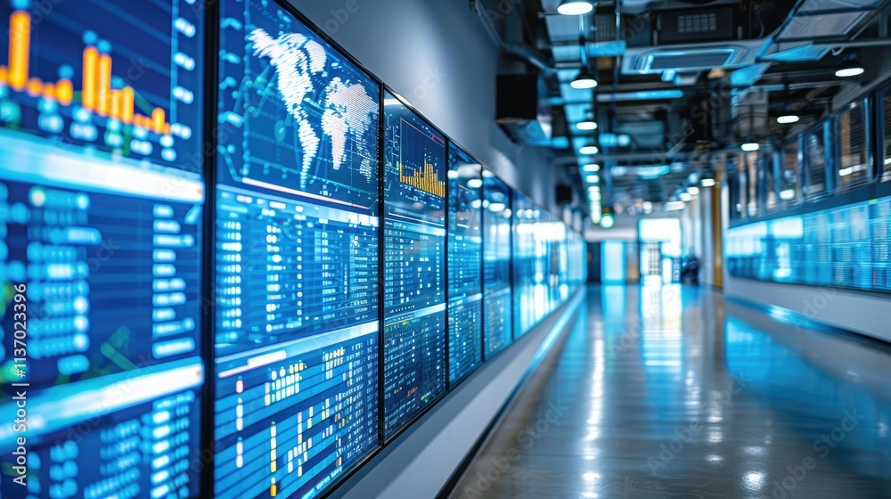 Obraz premium A modern data analytics room featuring multiple screens displaying graphs and statistics.