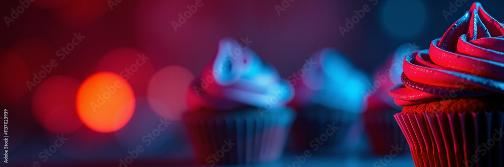 Colorful Cupcakes with Vibrant Frosting in Neon Lighting against Blurred Background