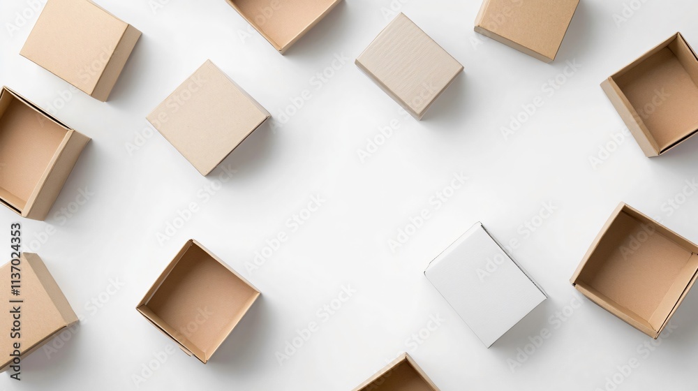 Empty Cardboard Boxes on White Background: Sustainable Packaging Mockup Empty Cardboard Boxes on White Background: Sustainable Packaging Mockup