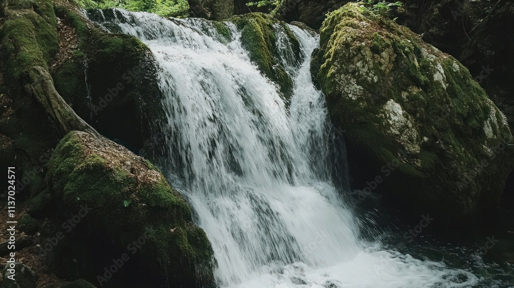 Serene Waterfall Cascading Through Mossy Rocks in Lush Forest Serene Waterfall Cascading Through Mossy Rocks in Lush Forest