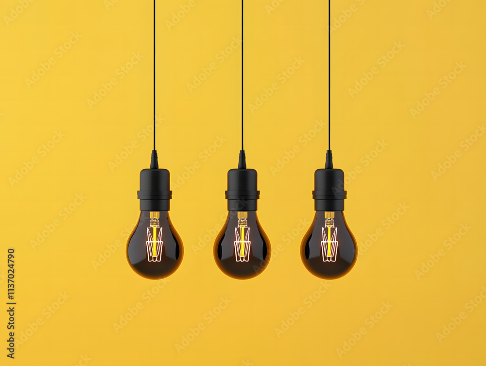 Hanging Light Bulbs on Yellow Background for Innovation and Creativity Concept