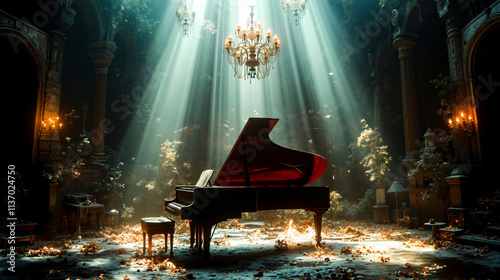 A grand piano in the middle of a room with a chandelier photo