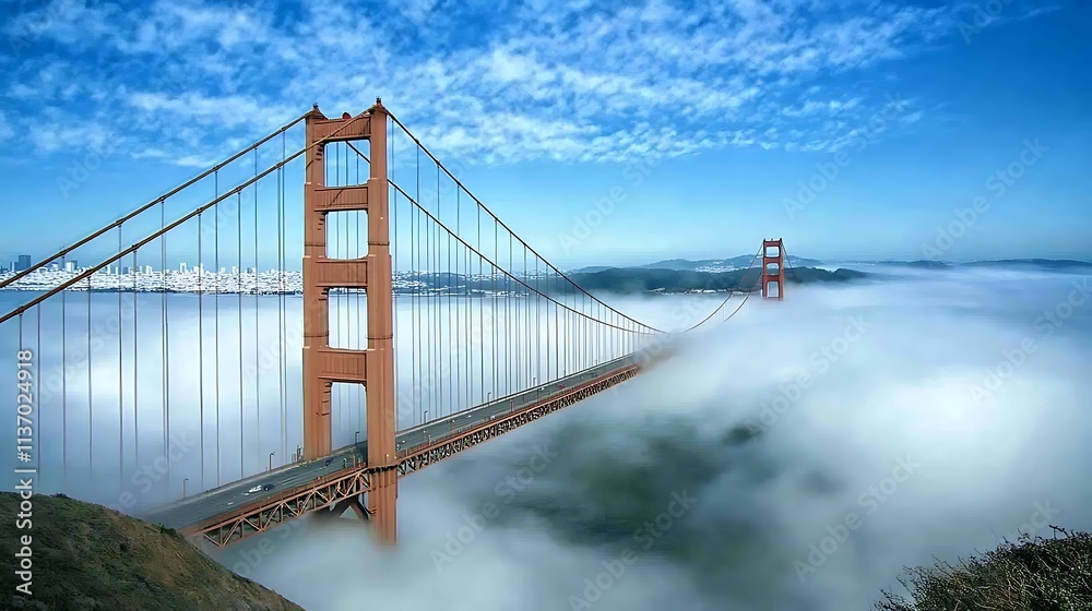Obraz premium Golden Gate Bridge Enveloped in Fog: A Majestic View