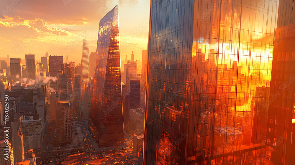 A modern glass skyscraper towering over the city, reflecting the sunset in its mirrored windows, with bustling streets below. A modern glass skyscraper towering over the city, reflecting the sunset in its mirrored windows, with bustling streets below.