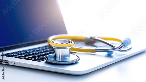 Medical Technology: Stethoscope on Laptop for Telemedicine and Online Diagnosis photo