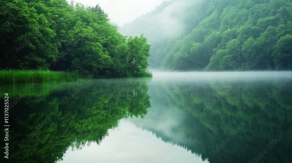 Misty Morning Lake Reflection in a Lush Green Forest Misty Morning Lake Reflection in a Lush Green Forest